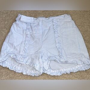 Bella Bliss Light Blue and White Seersucker Striped Ruffle Shorts